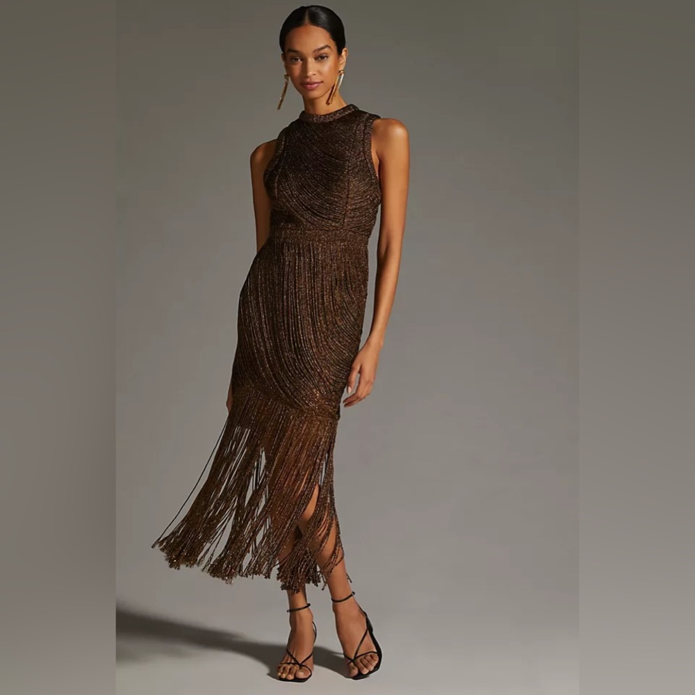 Anthropologie Metallic Fringe Dress in Bronze
